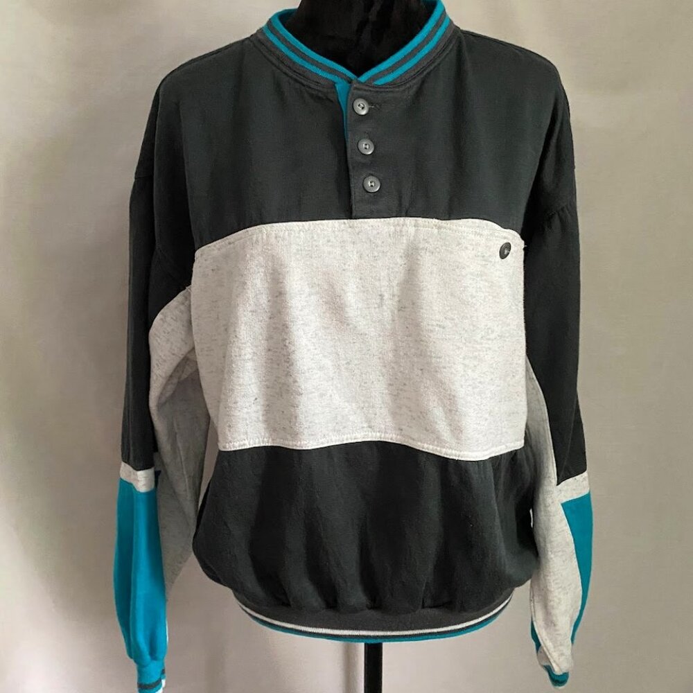 Vintage Pierre Cardin Gray and Blue Crewneck Sweater with Color Block 80s Retro